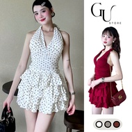 Backless polka dot camisole set with flared skirt and lined pants, seductive lady style GU STORE