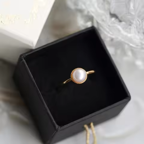 LAMOON Natural Freshwater Pearl 925 Silver Ring For Women Retro Wedding Engagement Ring 14K Light Go