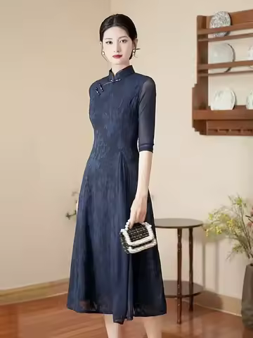 Modified Audrey Cheongsam Dress New Navy Blue Chinese Style Folk Tea Dress Traditional Dress Women V