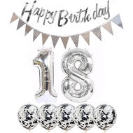 2 Balloons Number 18 + Happy Birthday Garland + Silver Banner foil Balloon 18th Birthday Decoration+