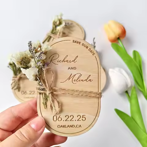 Personalized Rustic Wedding Save the Date Magnet,Save the Dates, Wooden Card Magnets with Gypsophila