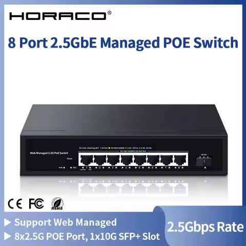 HORACO 2.5G Web Managed PoE Switch 8 Port 2.5GBASE-T with 10G SFP+,100W IEEE802.3af/at Homelab POE S