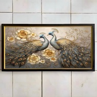 Wall decoration plus frame painting print picture 2 beautiful peacocks Size 100x50cm