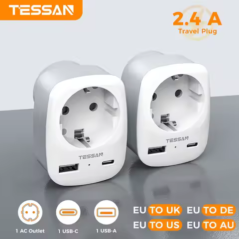 TESSAN EU To UK US DE AU Travel Adapter Portable Wall Socket with 1 Outlet 2 USB Type C Ports Type G