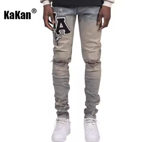 Kakan - New Men's Blue Slim Fit Patch Jeans, Y2k Printed Design Long Jeans Jeans Man Brand