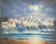 โปสเตอร์ ม้าขาว8ตัว วิ่งบนผิวน้ำ รูปภาพติดผนัง ขนาดภาพ 16x20 นิ้ว ตกแต่งบ้าน  เสริมฮวงจุ้ย เสริมโชคลาภ/บารมี  เฉพาะรูปภาพ