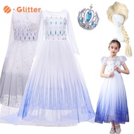 Dress For Kids Girl Frozen 2 Elsa Princess Costume Wig Crown White Baby Clothes Dresses Snow Queen Snowflake Costumes For Kid Girls Birthday Party Children Set