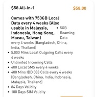 M1 Prepaid $58 All-In-1 Plan – Massive 750GB Multi-Country Data, 5GB Roaming, 400 IDD Mins Recharge 