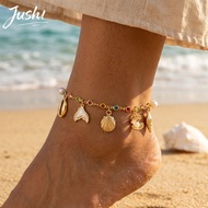 JUSHI Vacation Beach Shell Mermaid Fish Tail Anklet Pearl Crystal Rhinestone Foot Chain Trendy Y2K P