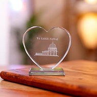 Islamic Crystal Heart Shape Showpiece with Ajmer Sharif & Ya Garib Nawaz Engraving – Decorative Gift
