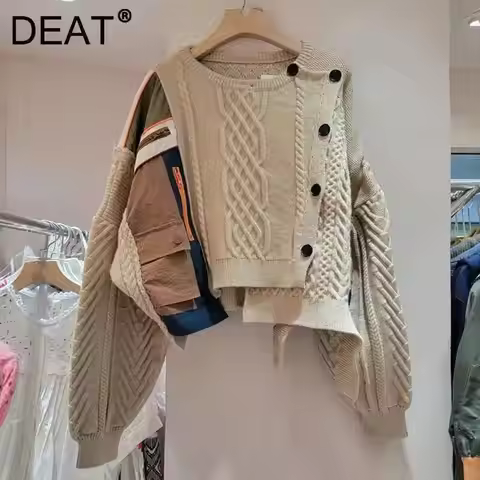 DEAT 2025 Autumn New Niche Design Irregular Splicing Knitted Sweater For Women Fashion Loose Single-