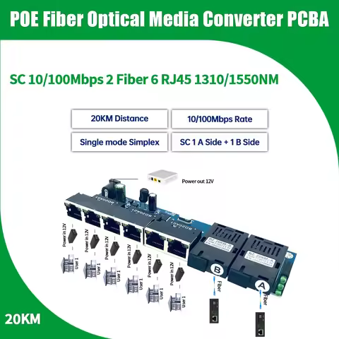 1/10PCS 2F6E POE PCBA Board 10M/100M Fiber Optic Media Converter 6 RJ45 to 2 SC A+B Fiber Connector 