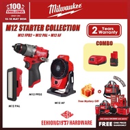 MILWAUKEE M12 Starter Collection M12 FPD2 Percussion Drill M12 PAL Area Light M12 AF Air Fan M12FPD2 M12AF M12PAL Combo