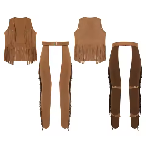 Men Cowboy Chaps Rivets Outfits Halloween Cosplay Costume Tassel Waistcoat and Fringe Open Crotch Pa