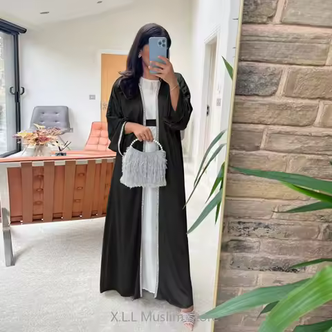 Open Kimono Abaya Shiny Satin Caftan Femme Outfit Turkey Kaftan Kebaya Modest Dubai 2024 Luxury Musl