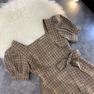 [YANFASHION] [V66] Checkered Dress Mixed with Bow Hack Waist