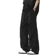 Mens Baggy Trousers Spring Summer Drawstring Waist Cargo Pants Solid Color Wide Leg Trousers for Str