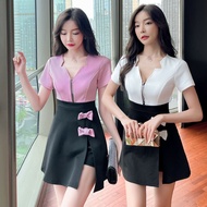 Professional Beautician Uniform Solid Color Hotel Receptionist Thin Pink Grace Short Sleeved Dress S
