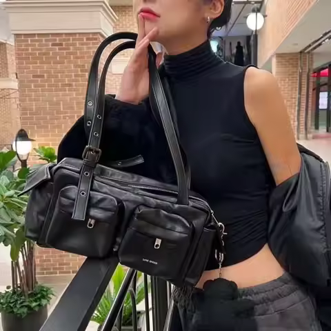 Double Pocket Design Crossbody Bag Y2k Women Fashionable Personalized Street Solid Color Ins Zipper 