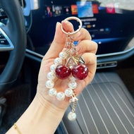 Acrylic Cherry Bag Charm With Imitation Pearl Bead Chain Mini Eiffel Tower Metal Pendant Gold Keycha