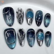 Blue Cat Eyes Press on Nails - Almond Shape Chip-Proof Fake Nails for DIY Decoration