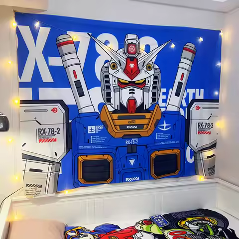 Gundam Head Bust EFSF Label Print Tapestry Bright Blue Background Anime Mecha Otaku Gaming Wall Deco