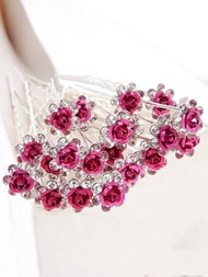 20入組女士金屬玫瑰鑲嵌鑽石髮夾，適用於婚禮新娘髮飾，U型髮簪，浪漫粉色波西米亞風格