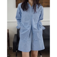 ชุดเสื้อเชิ้ตแขนยาวผ้าฝ้ายลายทางกางเกงขาสั้นสำหรับผู้หญิง ชุดแฟชั่นฤดูร้อน 2025 ของ Wang Fei Home Or