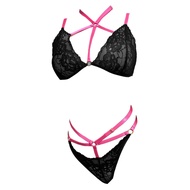 B374 Sexy Bra Set Bikini Bralette Black Transparent Magenta Strap Hot Pink