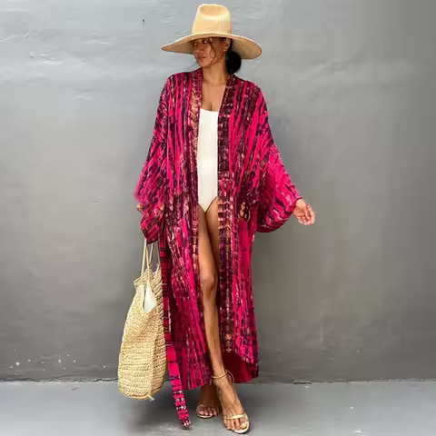 Women's Printed Rayon Cardigan Loose Beach Cover-Up Open Front Bikini Swimsuit Outerwear Summer Vaca