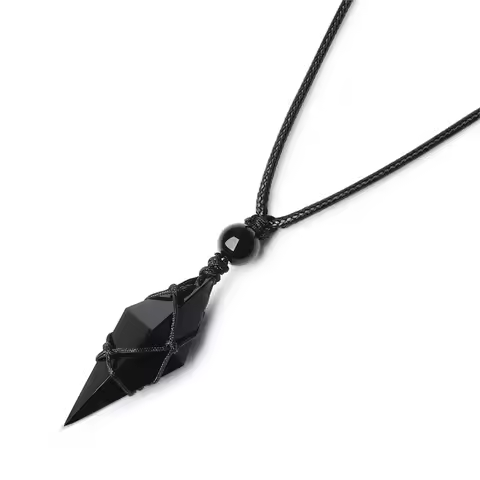 Gothic Bohemian Black Stone Necklace Adjustable Rope Geometric Stone Pendant Handmade Vintage Stone 