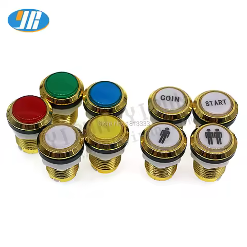 Illuminated Push Button Switch for Arcade, DIY Joystick, Chrome, Gold, 1P, 2P, START COIN Logo, 33mm