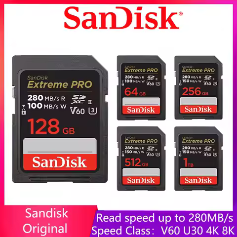 SanDisk Extreme PRO SD Card 512GB 256GB 128GB 64GB SD Card 280MB/s U3 C10 V60 Memory Card UHS-II Fla