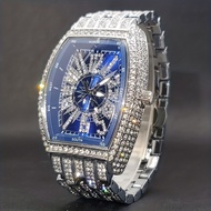 Classic 55mm Blue Dial Watch for Men, Renowned Brand Artificial Rhinestone Silvery Quartz Watch, Ori