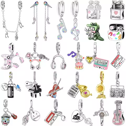 925 Sterling Silver Music Charms Beads Musical note Piano Guitar Headset Earrings Pendants Fit Brace