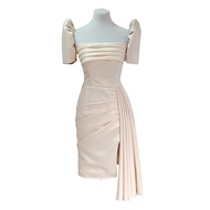 Modern Filipiniana Midi Dress Detachable Sleeve Premium quality Color Beige