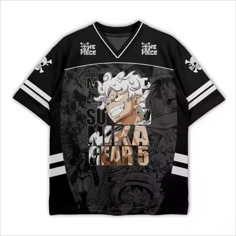 New One Piece Luffy Gear 5 Nika Anime Print Mesh Jersey Breathable Short Sleeve V-Neck Athletic T-Sh