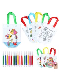 20入組隨機圖案DIY無紡布彩色塗鴉袋（含 20 包 6 色水彩筆）可重複使用禮品袋適合兒童生日派對