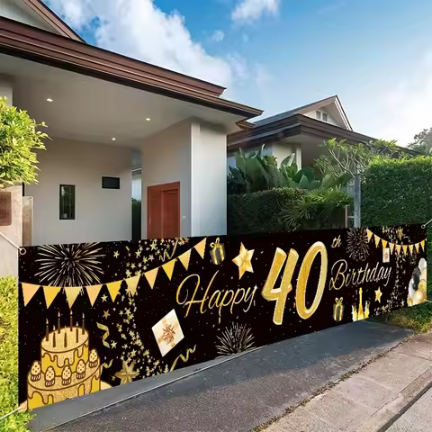 2D flat banner 1PC 40th birthday decoration, black and gold 40th birthday, yard sign, indoor and out