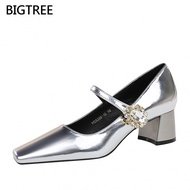 [5cm]BIGTREE Women's Chunky High Heels5288-K86Medium Heel Shallow Mouth Square Toe Women's Shoes