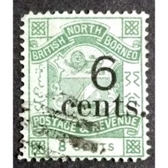 North Borneo 1892 Overprint 6 cents On 8c Green - 1pc Used Old Sabah Stamp / Setem