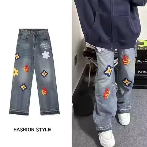 Autumn Men's Flower Embroidery Y2K Jeans Hip Hop Fashion Baggy Denim Trousers Women's Vintage Street