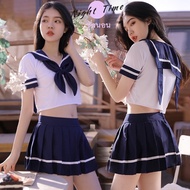 Sexy Pajamas 2-Piece Cosplay School Uniform The Upper Layer Is Stretch Fabric White V-Neck Crop Top 