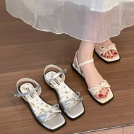 D171-Freeters Floral Sole Bowknot Square Toe Flat Sandals Sole Height 2cm