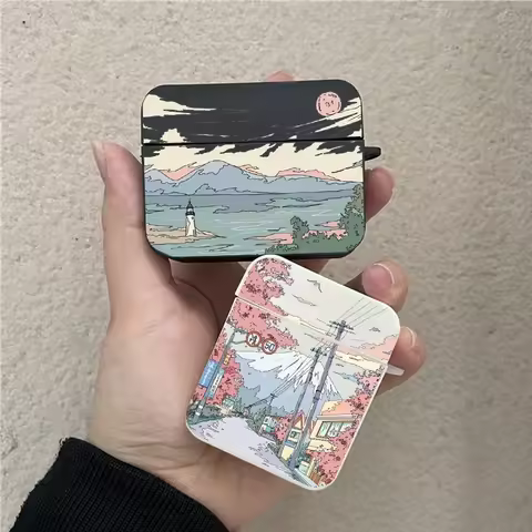 INS Korean Anime Sunset Scenery Print Earphone Case For Airpods 4 2 3 Pro Wireless Headphone Cover F
