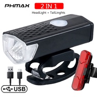 PHMAX ไฟจักรยานชาร์จ USB 300 Lumens ไฟหน้า LEDไฟหน้าไฟจักรยานไฟท้ายจักรยานไฟฉายเตือน
