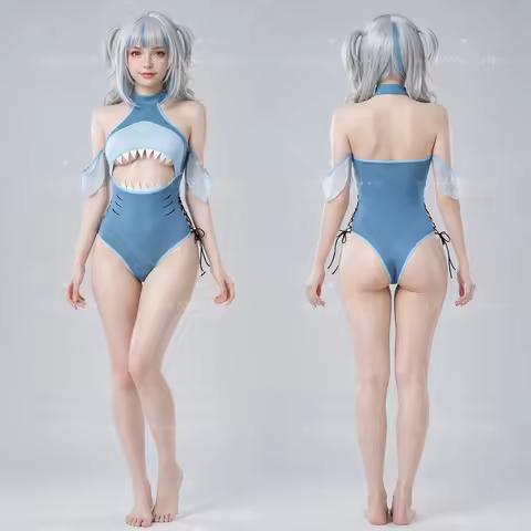 Hololive EN Gawr Gura Cosplay Outfit Shark Cutout Gradient Blue One Piece Swimsuit Vtuber Costume fo