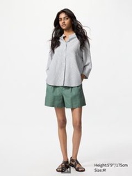 Uniqlo 條紋立領 女裝 亞麻混紡條紋襯衫 恤衫(七分袖)