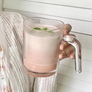 [NicheinsWind]Glass Water Cup with Handle Vertical Stripes Milkshake Coffee Cup Breakfast Milk Cup Juice cup