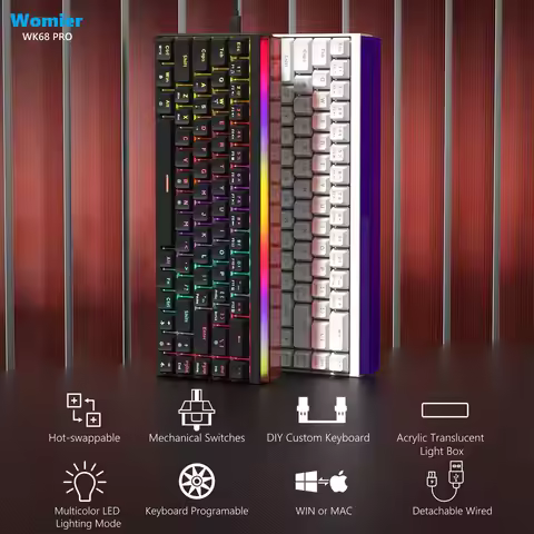 Womier Black 60% WK68 PRO Mechanical Gaming Keyboard with Light Box Programable with MCA Key Wired L